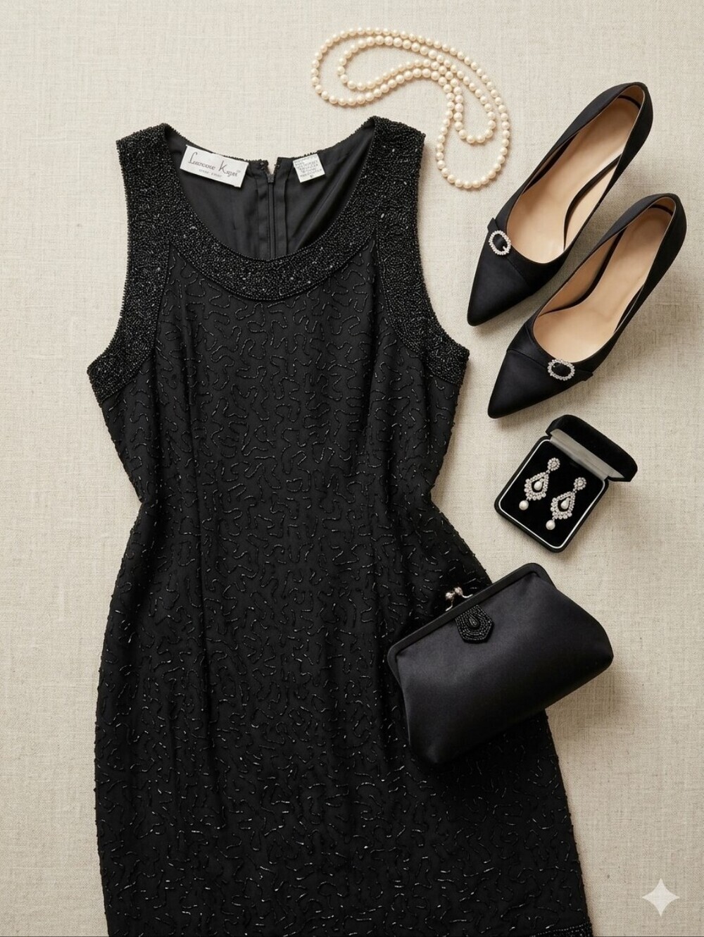 Laurence Kazar Black Silk Glass Beads Sleeveless Dress
